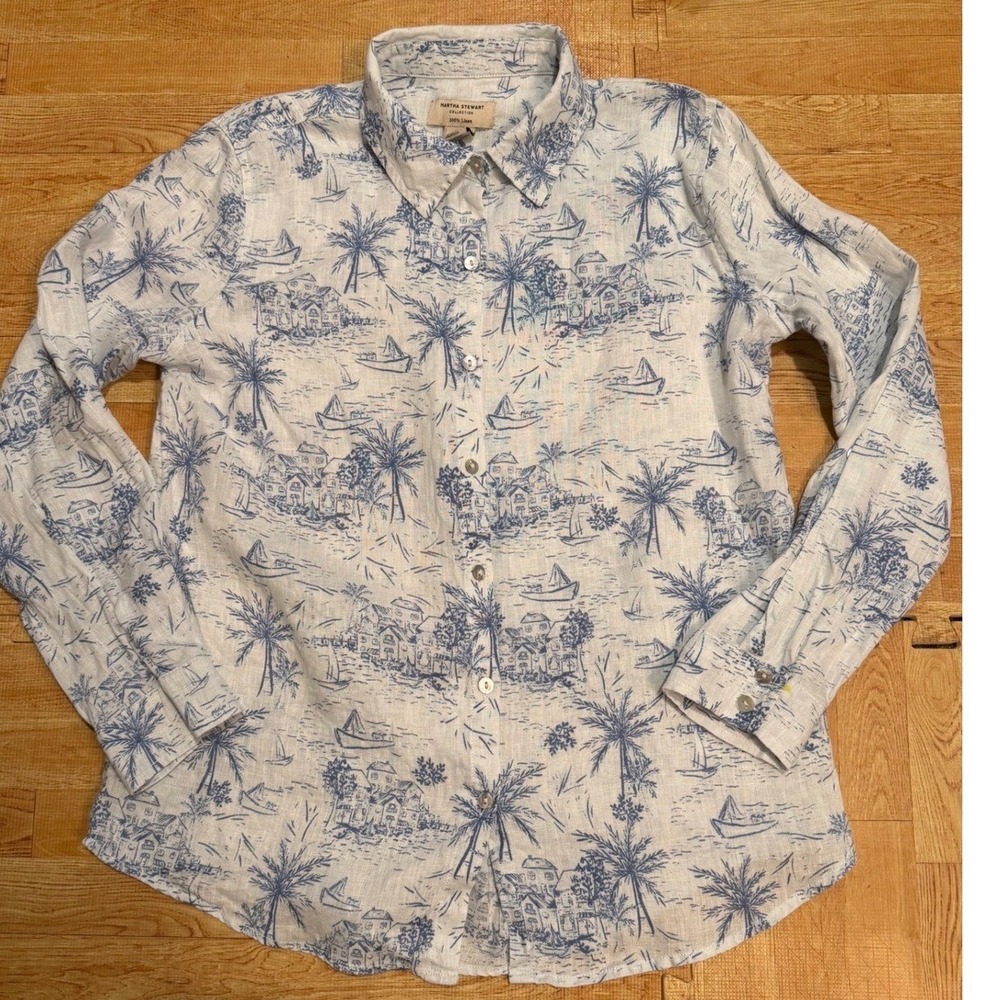 Martha Stewart Collection Blue White Tropical Toile 100% Linen Button Down S